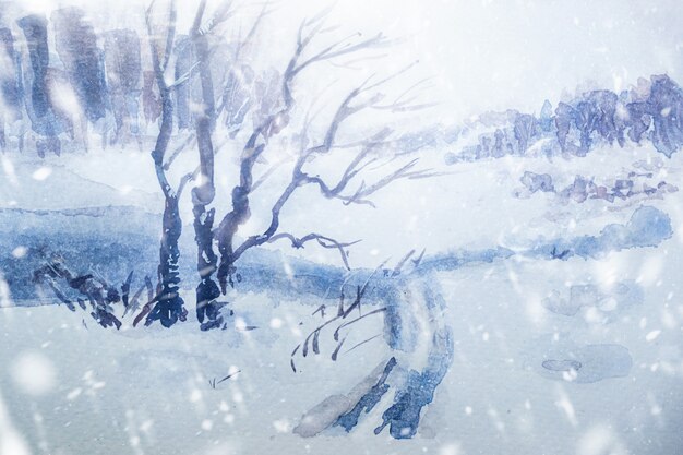 Aquarel winter sneeuw bos landschap illustratie