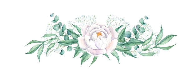 Aquarel witte peony garland eucalyptus gypsophila geïsoleerd op witte achtergrond hand getrokken