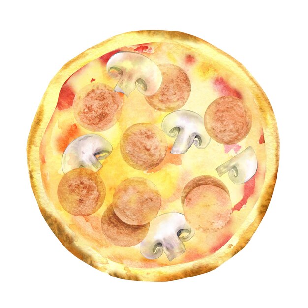 Aquarel zelfgemaakte pepperoni pizza met champignons