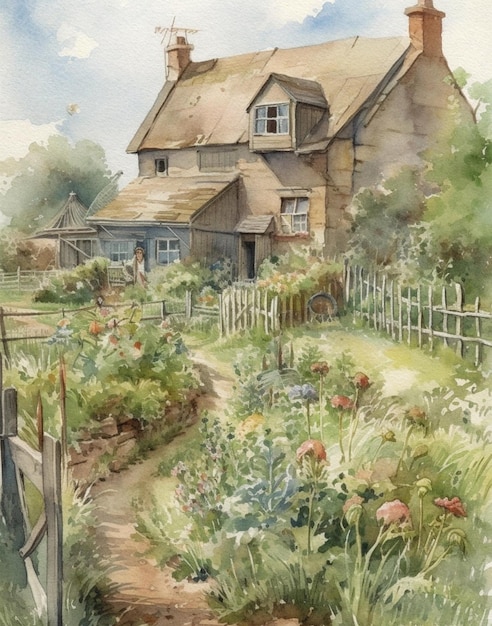 aquarel zomer vintage tekening van een zomerhuis in het dorp in de tuin en met een groente