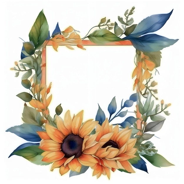 Aquarel zonnebloemen in een vierkant frame met bladeren en bloemen.