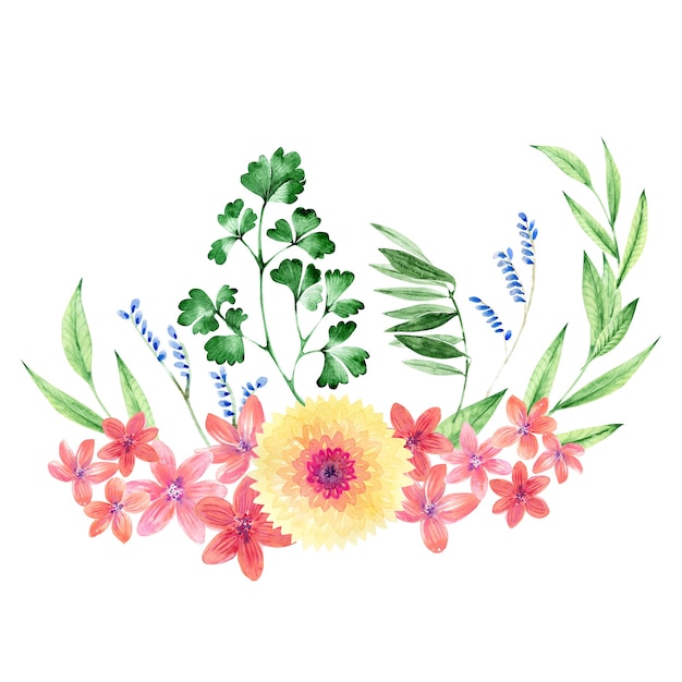 Aquarelcompositie met handgetekende bloemen en bladeren