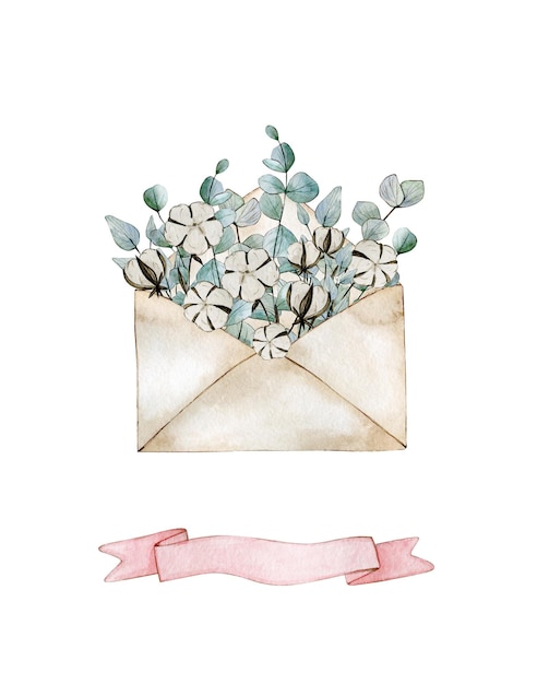Aquarelillustratie met ambachtelijke envelopbloemen van katoenen roze lintbanner en eucalyptus