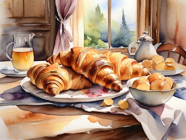 Foto aquarelillustratie van croissants