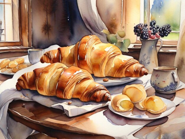 Aquarelillustratie van croissants