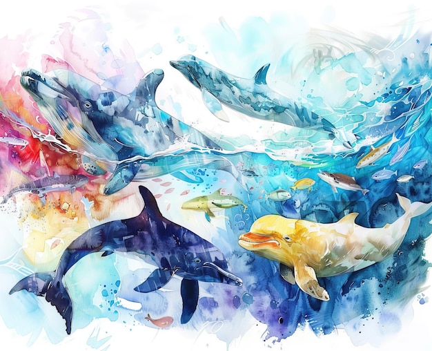 Aquarelillustratie van een groep dolfijnen in de oceaan Aquatische achtergrond