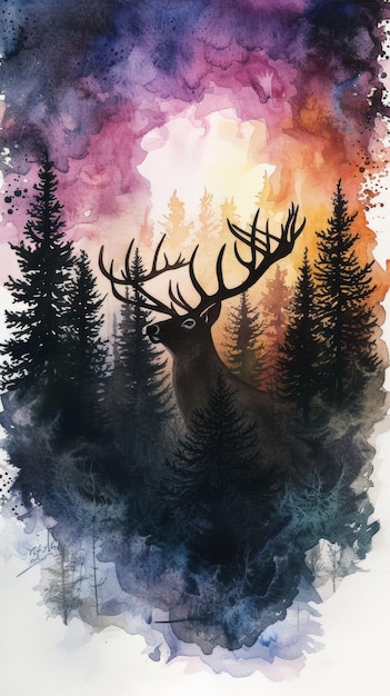 Aquarelillustratie van een hert in een bos