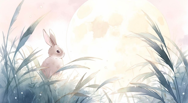 Aquarelillustratie van een konijn op de achtergrond van de volle maan
