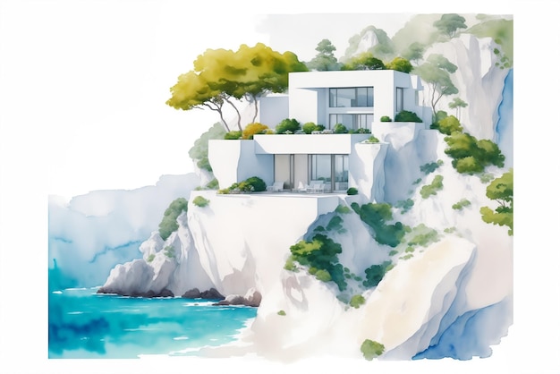Aquarelillustratie van een modern huis op een klif met uitzicht op de zee
