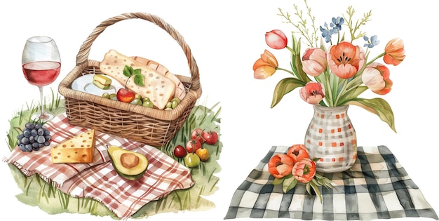 Aquarelillustratie van een picknick met mand en brood