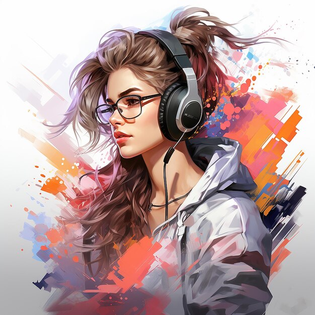 Aquarelillustratie van een vrouw die naar muziek luistert