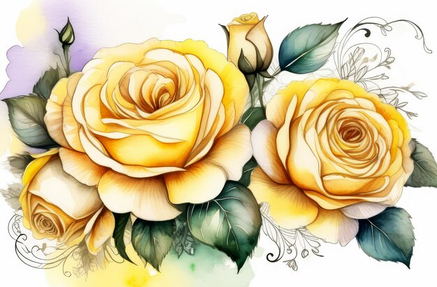 Aquarelkaart met thee en gele rozen op witte achtergrond