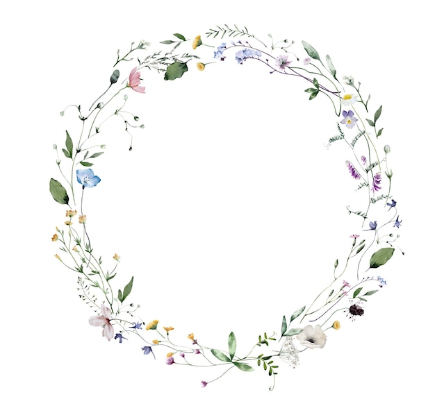 Aquarelkrans met wilde bloemen en bladeren