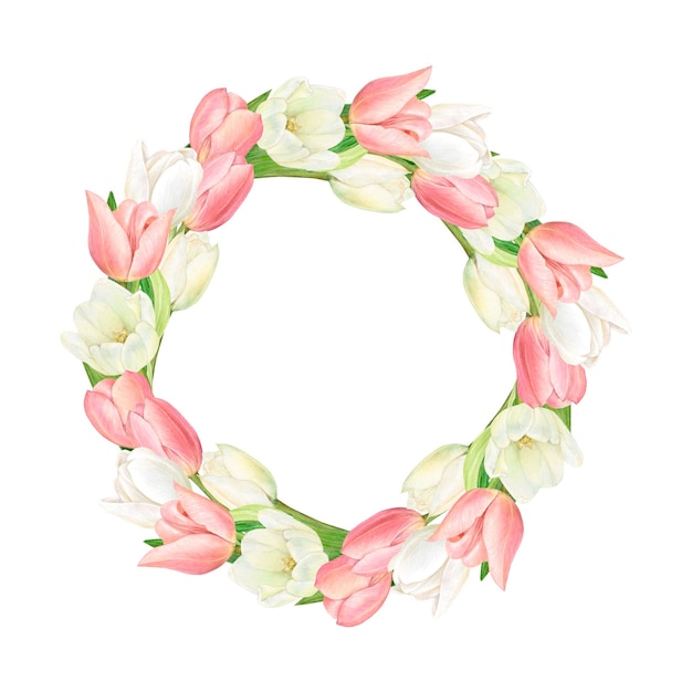 Aquarelkrans van prachtige witte en roze tulpen Handgetekend met ruimte voor uw woorden
