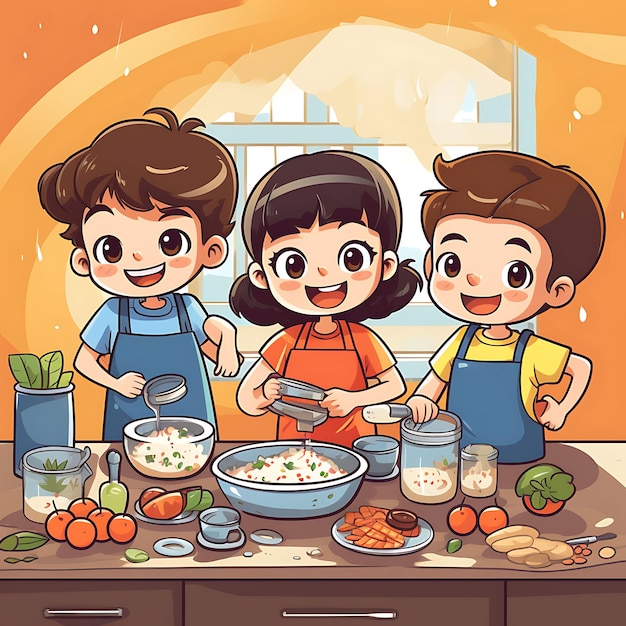 Aquarelkunst van kinderen die helpen in de keuken Kinderen die helpen met voedselwerk Li Dongzhi Festival