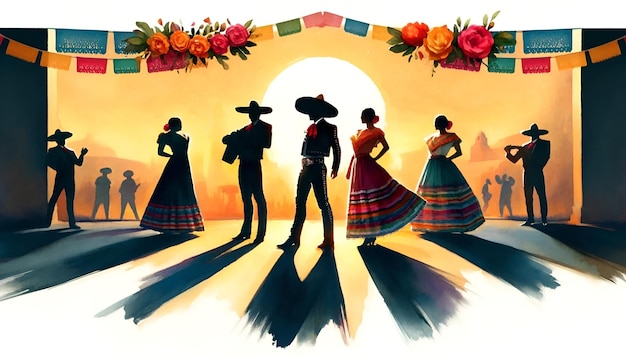 Aquarell illustratie van cinco de mayo viering scène met dansende mensen silhouetten