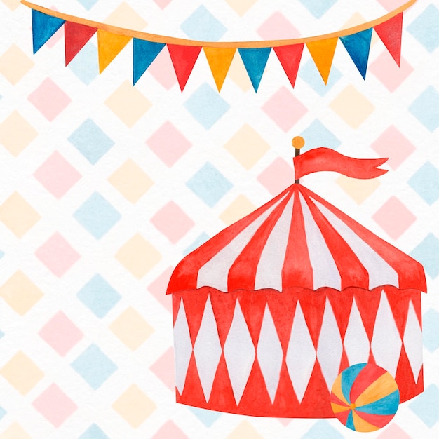 Aquarell illustratie van een klassieke vintage circus tent met rode en witte strepen en een krans van vlaggen gemarkeerd op een veelkleurige achtergrond Voor kindergroetekaartjes uitnodigingen