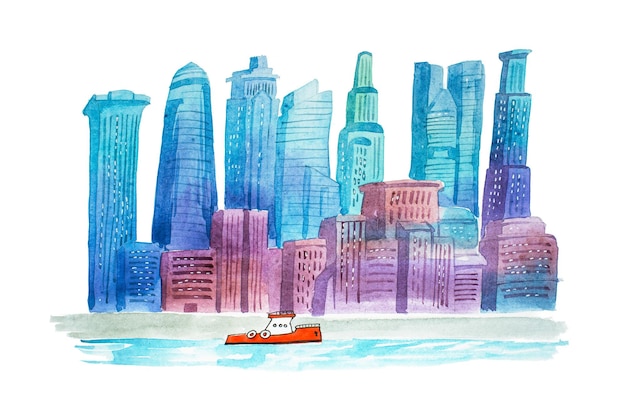 Aquarelle drawings cityscape skyline downtown watercolor illustration