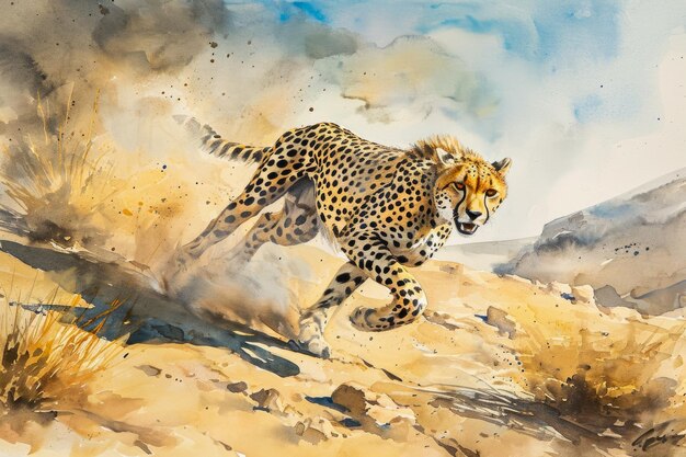 Aquarelportret van een cheetah die door de woestijn loopt