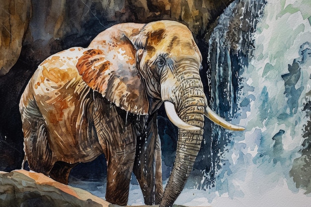 Aquarelportret van een olifant die bij een waterval staat