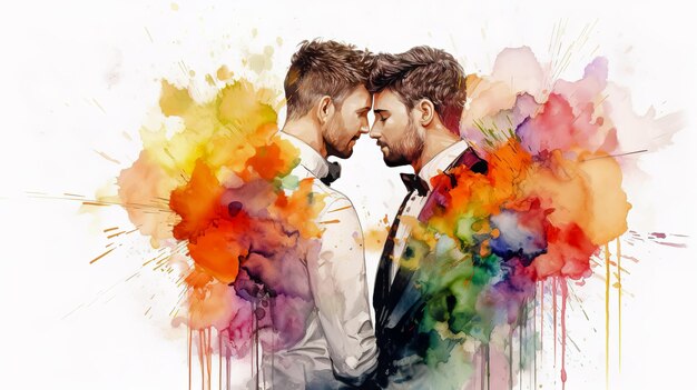 Foto aquarelportret van twee jonge jongens met bloemen die naar elkaar kijken lgbt