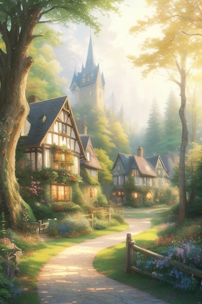 aquarelschilderij van een prachtig dorp midden in een betoverd bos