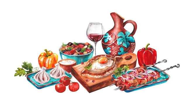 Aquarelset van de Kaukasische keuken Een volledige Georgische lunch van barbecue khinkali lobio khachapuri en wijn