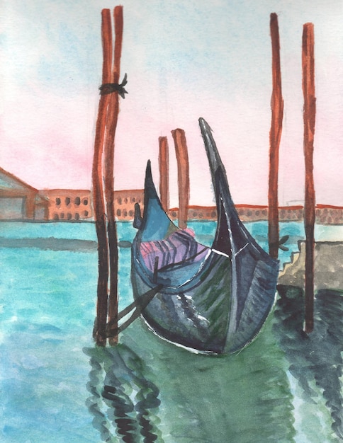 aquareltekening met boot of gondel in Venetië