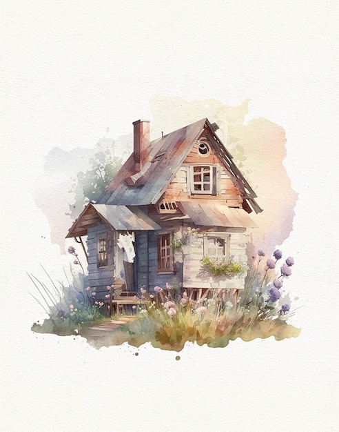 aquareltekening van een houten huis in het bos, een dorpshuis, een reizigershuis