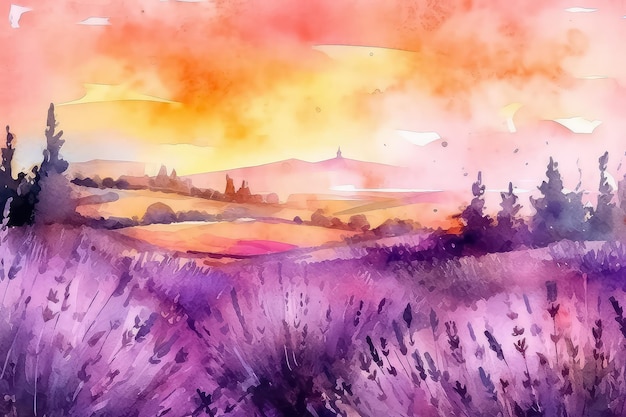 Aquarelveld van lavendelbloemen met een landelijk Provençaals huis in de Provence AI