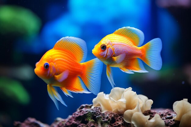 Aquarium cichlid fish in a beautiful aquarium with a blue background and bubbles