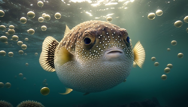 Аквариум красочных пресноводных рыбок фугу, созданный с помощью Midjourney