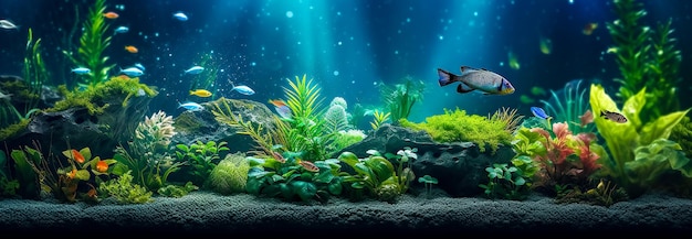 Acquario colorato mondo sottomarino con banner di pesci e piante con spazio di copia realizzato con intelligenza artificiale generativa