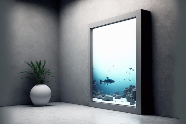 Aquarium en muur van kopieerruimte in het tentoonstellingsinterieur Concept voor een galerie