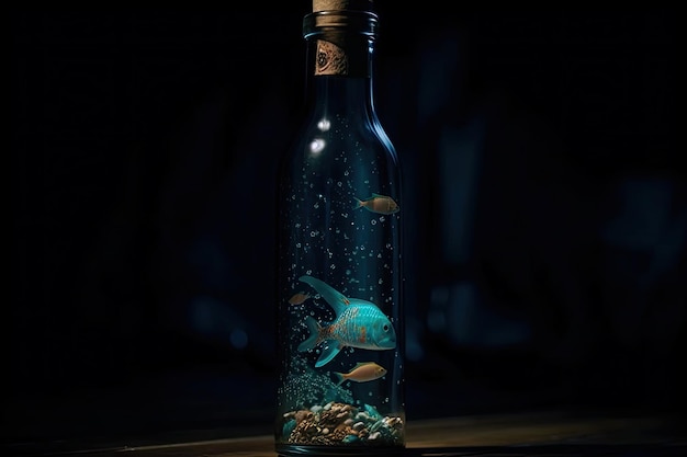 Photo aquarium in a glass bottle at the bottom of the ocean generative ai