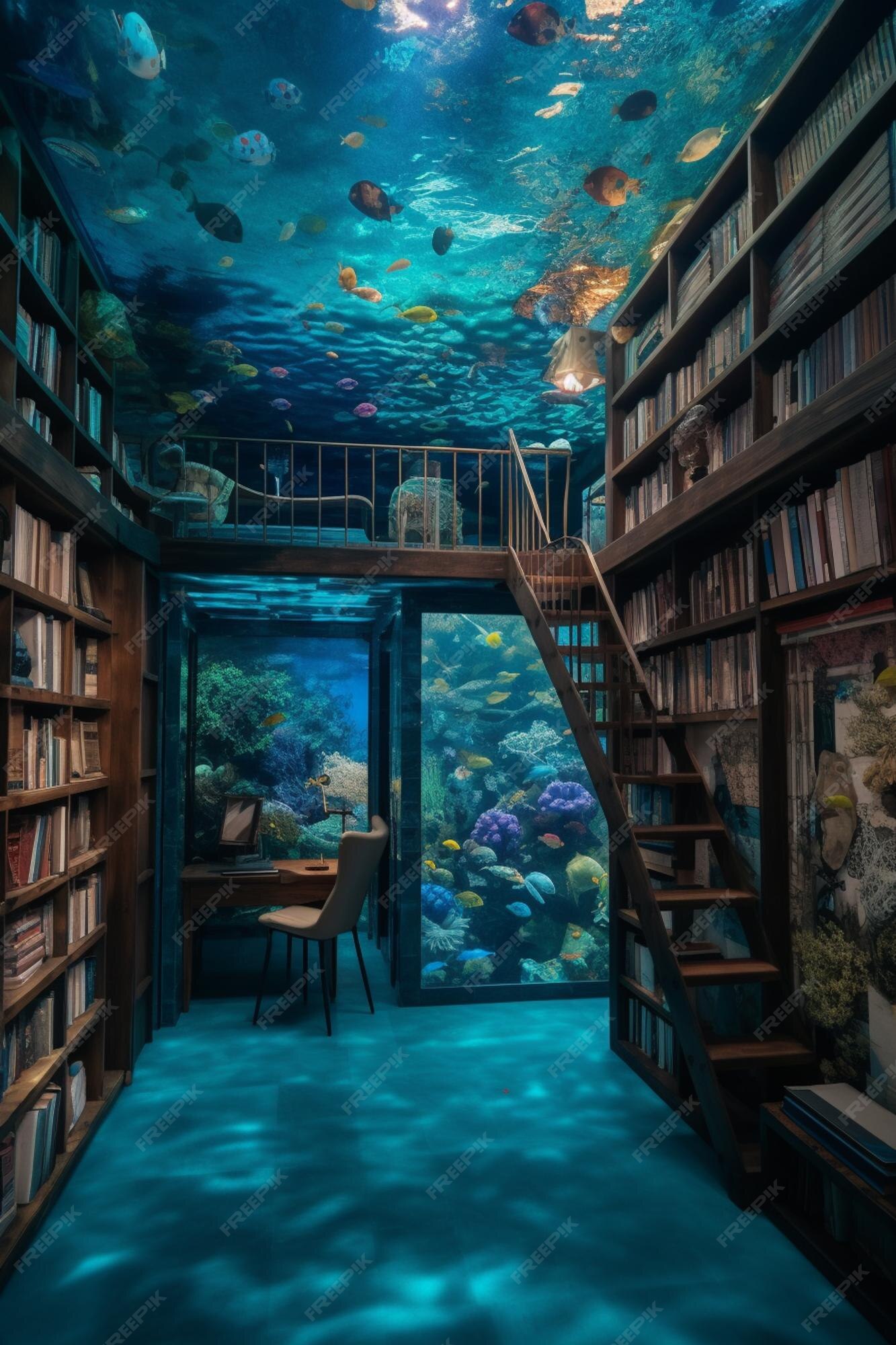Premium AI Image The aquarium is a bookcase with a fish tank on it.