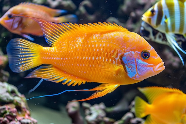 Aquarium met oranje en blauwe vissen