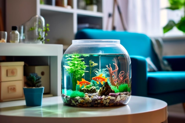 Aquarium met vissen in licht huis interieur AI gegenereerd
