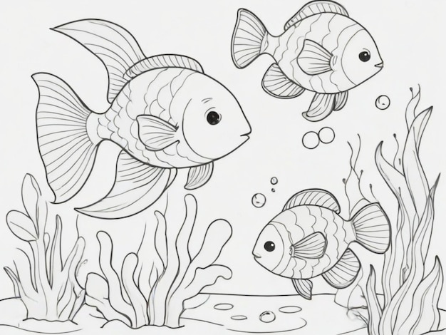 An Aquarium and small fish drawings for kids coloring page