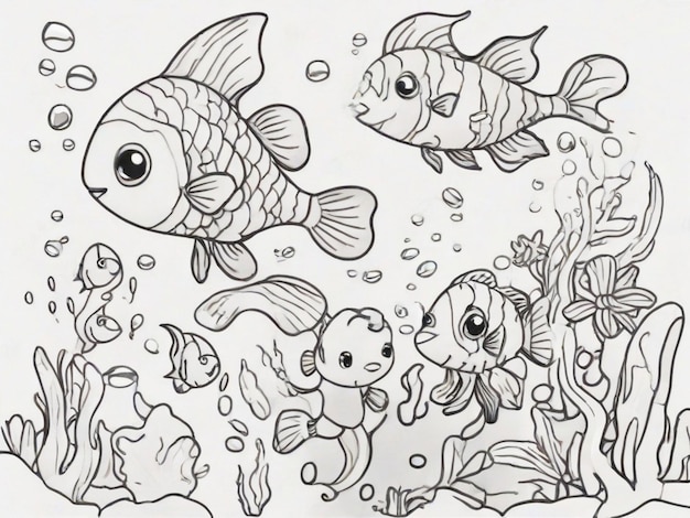 Photo an aquarium and small fish drawings for kids coloring page