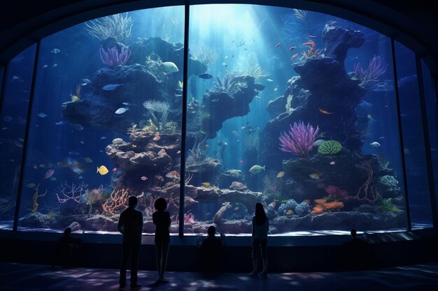 Aquarium visit scene with people observing Generative ai