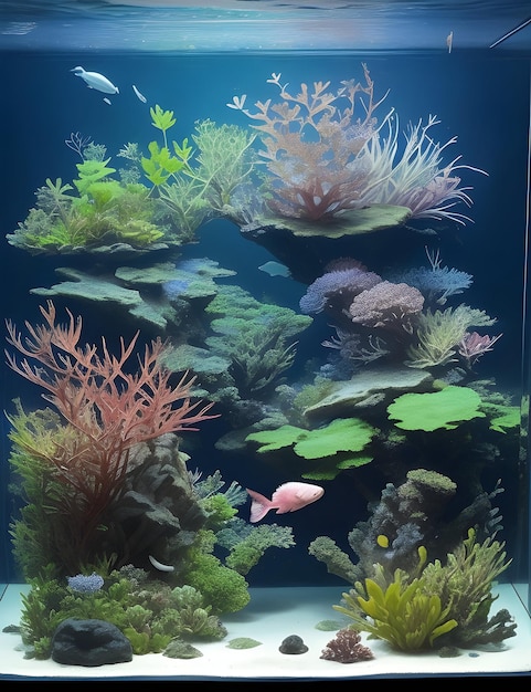 An aquarium with a rich ecosystem as the main focus of the image