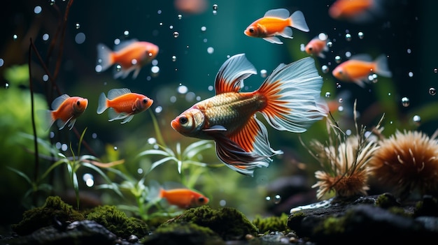 Aquarium with a variety of colorful fish detailed view of the aquatic plants and decorations empha