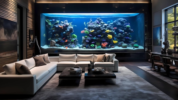 aquariumwand in een eigentijdse woonkamer