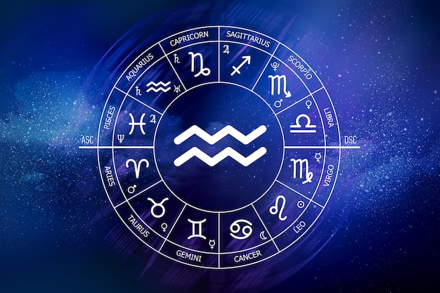 Aquarius zodiac sign Aquarius icon on blue space background Zodiac circle on a dark blue background of the space