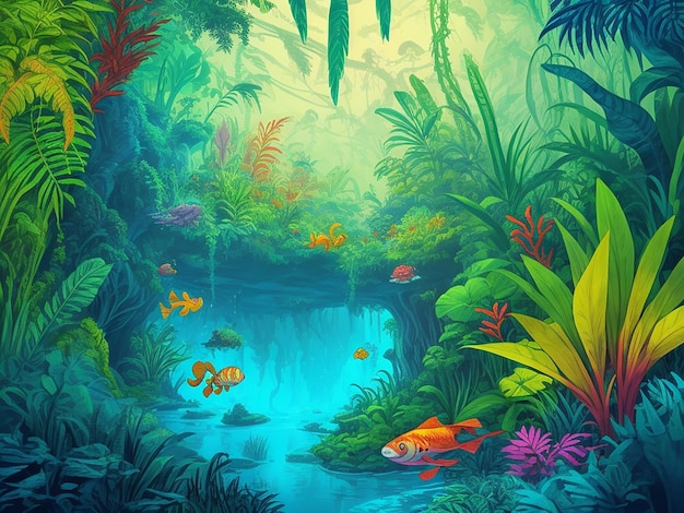 Aquascape Jungle Style Cartoon Illustration