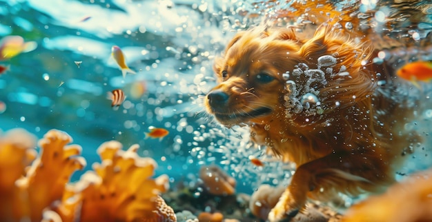 Водное собачье приключение Собака исследует яркий подводный мир Собака подводная рыба Коралловые пузырьки Водное приключение Золотое пушистое плавание Водный риф Морской красочный