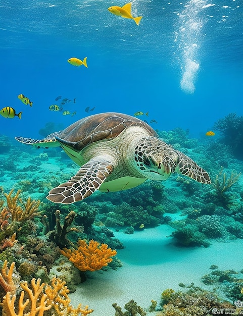 An aquatic oasis of coral gardens vibrant fish and majestic sea turtles ai image