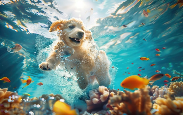 Aquatic Pup39s Underwater Adventure Een vrolijke hond duikt in een onderwaterwereld vol koraal en tropische vissen