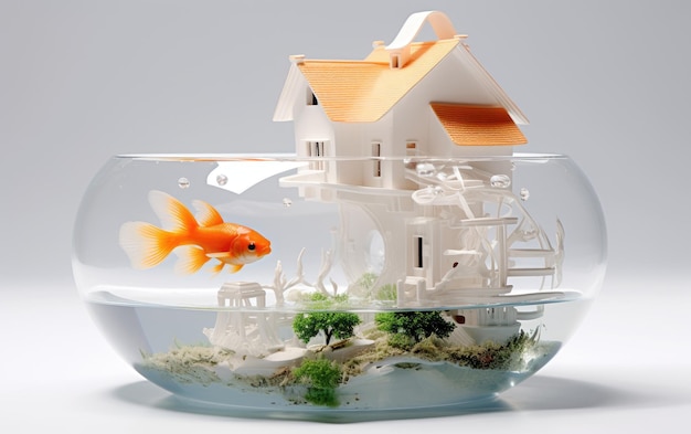 Aquatic Residence for Pet Goldfish on White Background